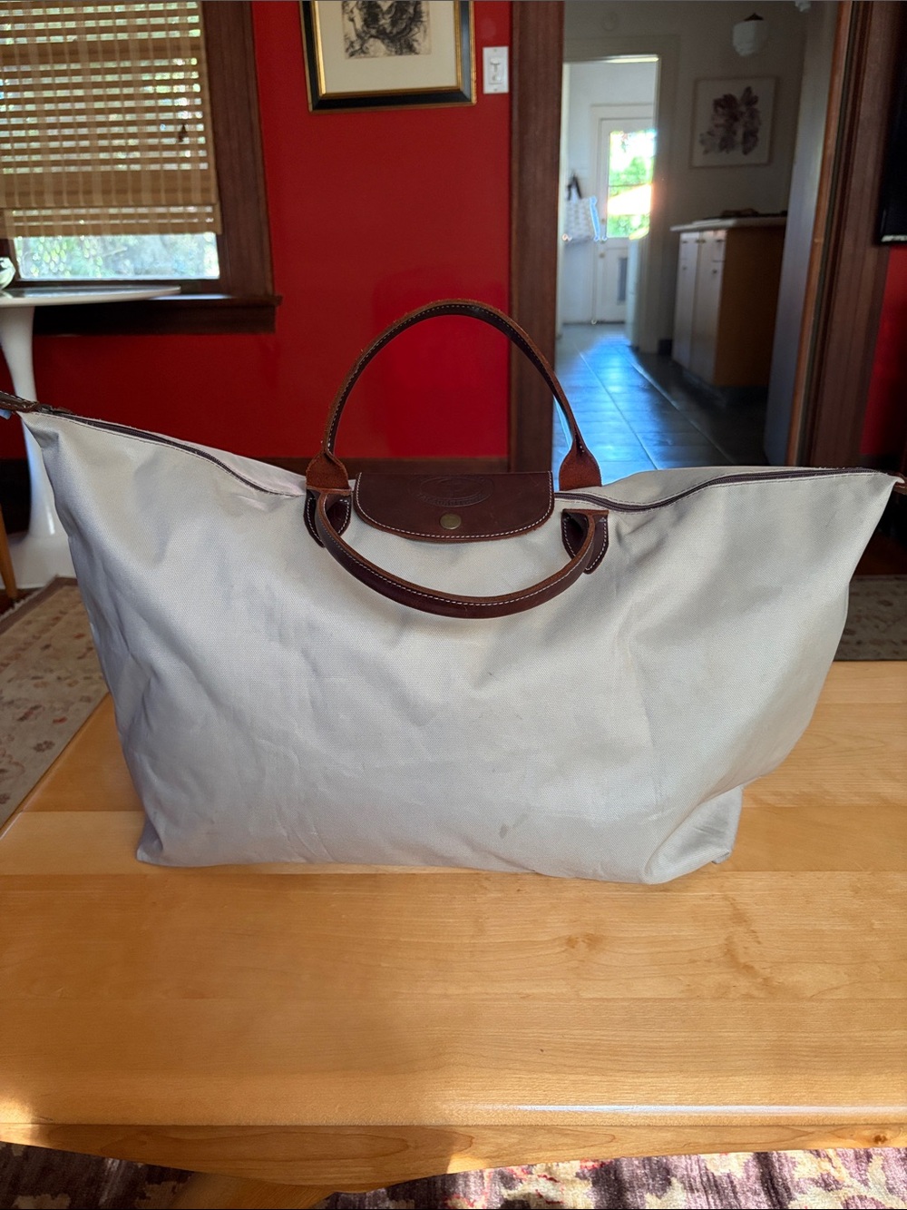 El Portezuelo Canvas Tote with Brown Leather Trim - Longchamp Style